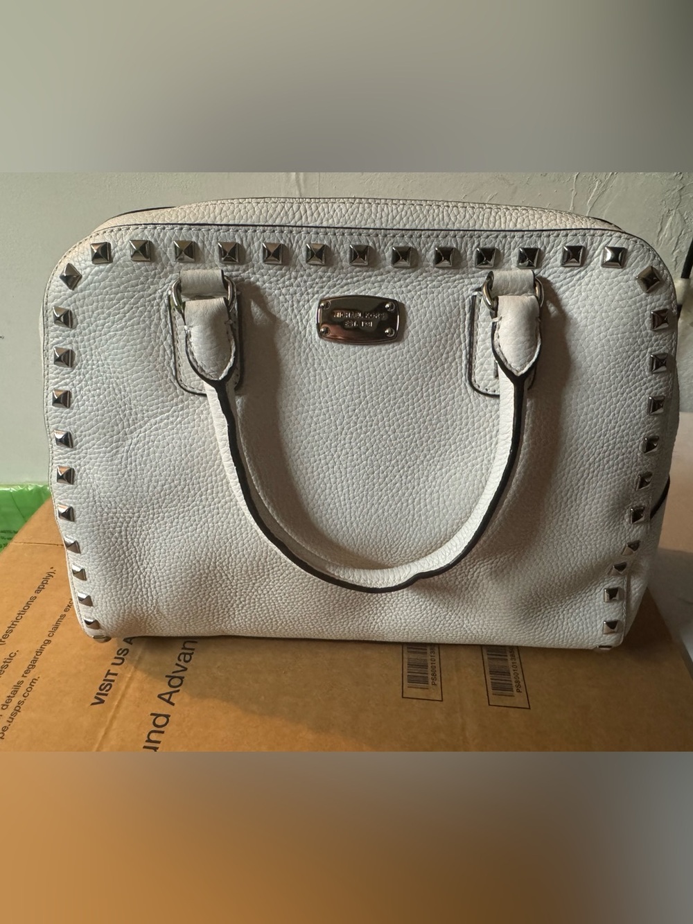 Michael Kors White Pebbled Leather Stud-Trim Satchel